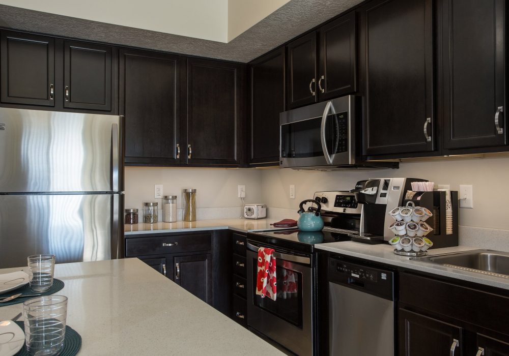 Modern kitchen with dark cabinets and stainless appliances