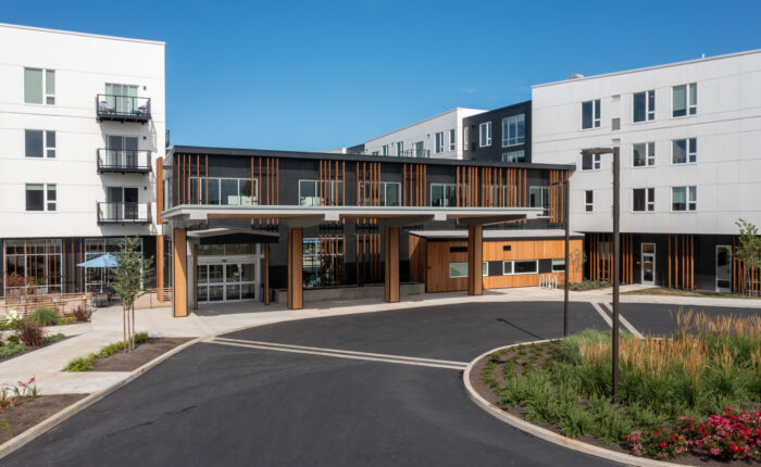 Exterior view of a modern assisted living facility