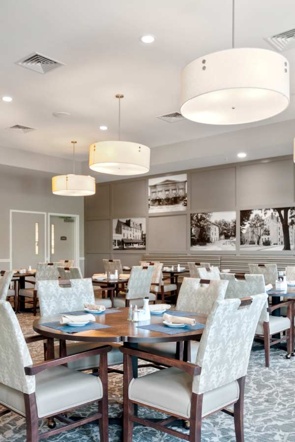 Dining area with tables and elegant lighting