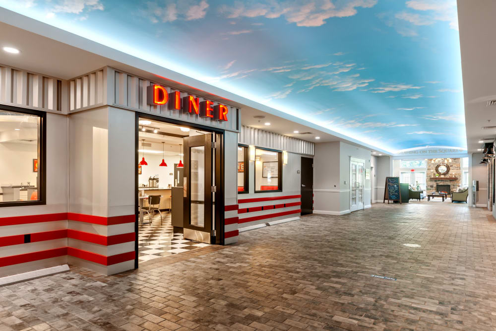 Interior view of a diner with bright decor