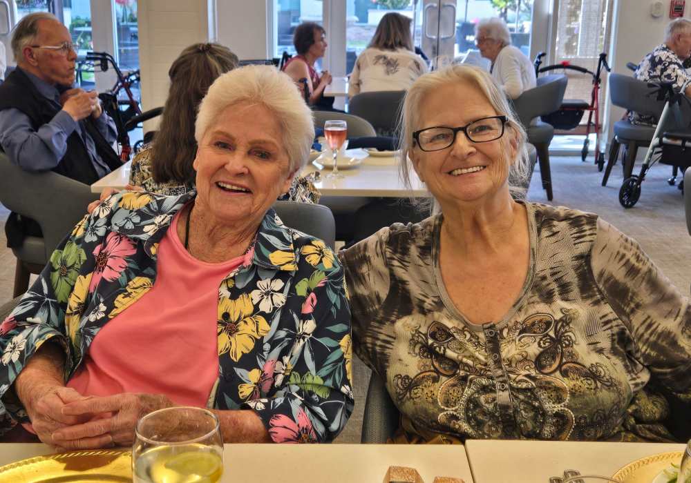 Two residents enjoying time together in a bright common area