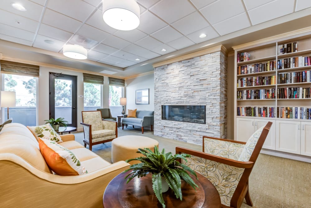 Cozy common area with comfortable seating and a fireplace