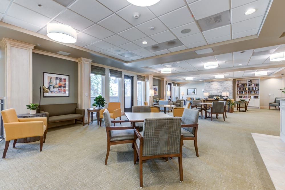 Interior view of a cozy common area with seating