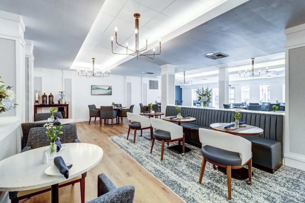 Bright dining area with elegant decor and seating