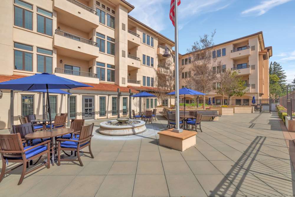 Outdoor patio with seating and landscaping