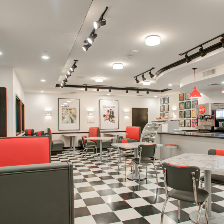 A modern common area in a senior living facility