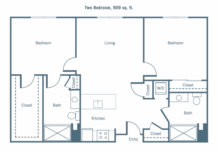 Architectural floor plan of a two-bedroom unit
