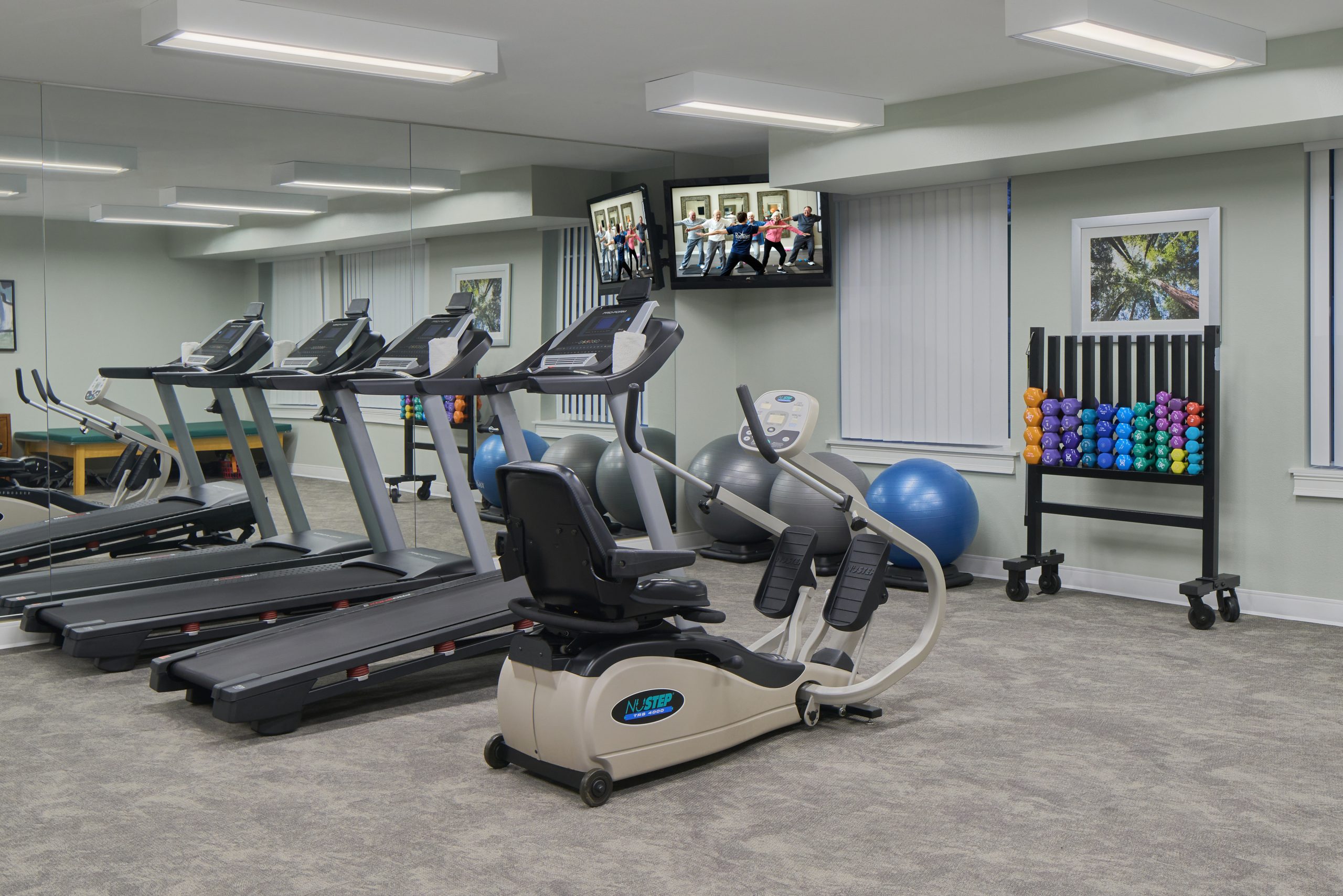 Exercise equipment in a well-lit fitness room