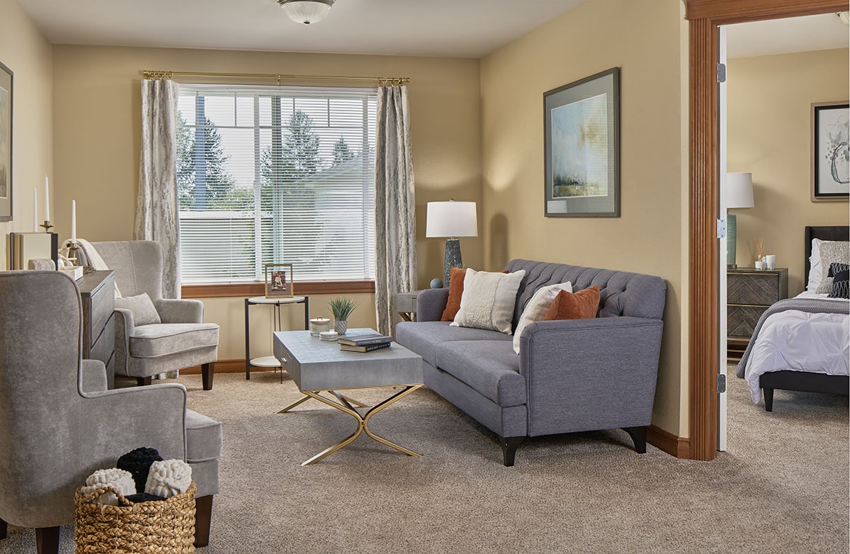 Bright and cozy living room in a senior care facility