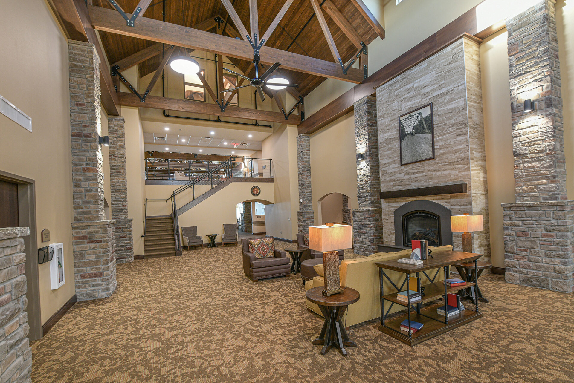 Well-lit interior common area with cozy seating