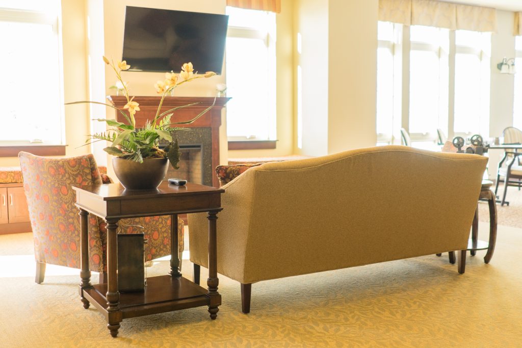 Cozy common area with seating and a decorative plant