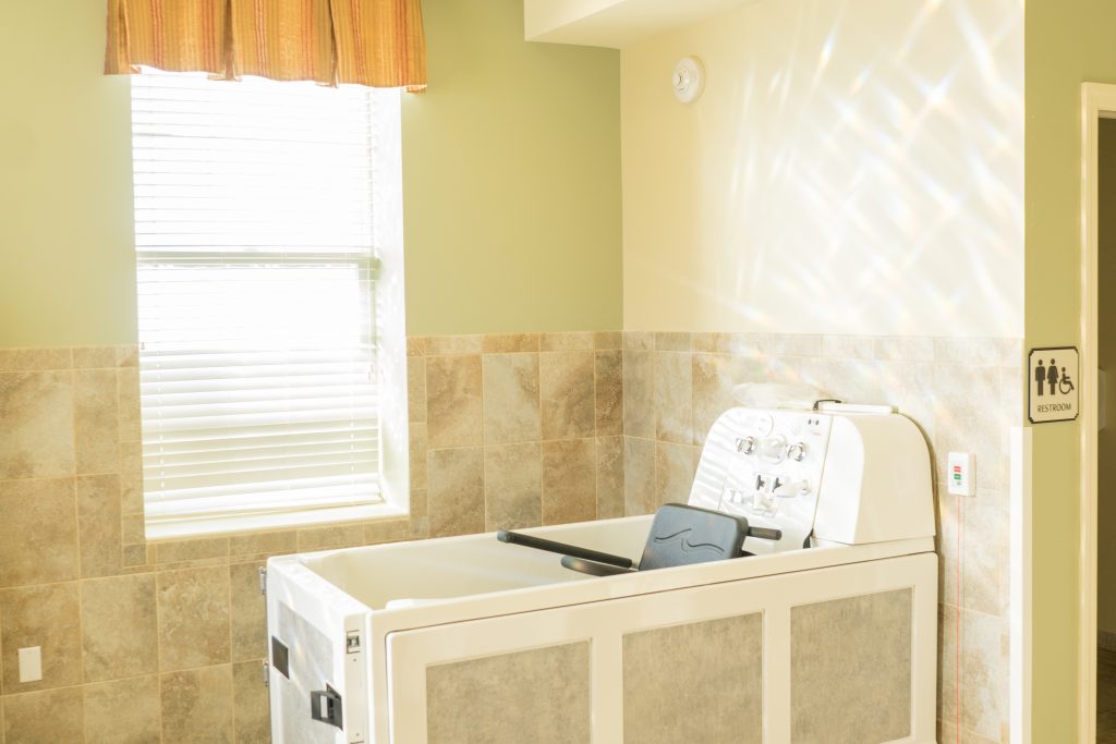Interior view of a bathing area with a tub