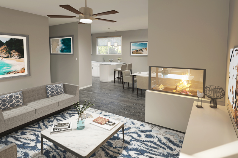 Modern living room with ocean view artwork