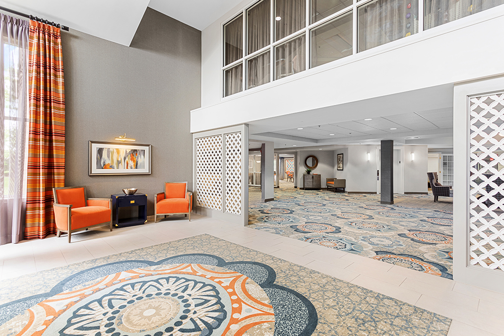 Bright interior common area with colorful decor