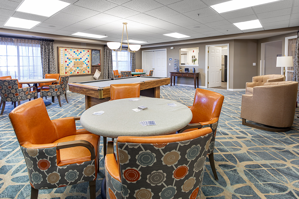 Interior of a common area with seating and games