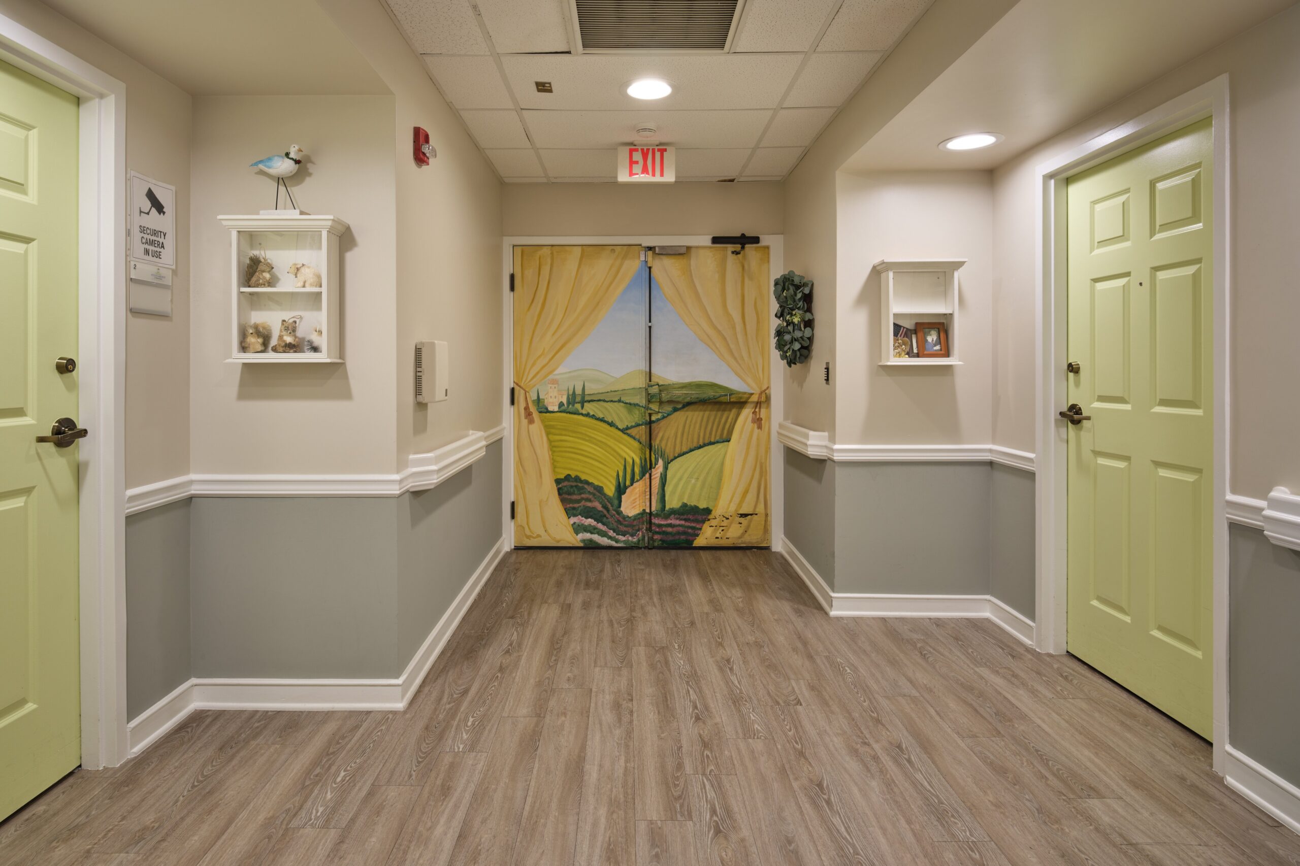 Brightly decorated hallway with themed doors and decor