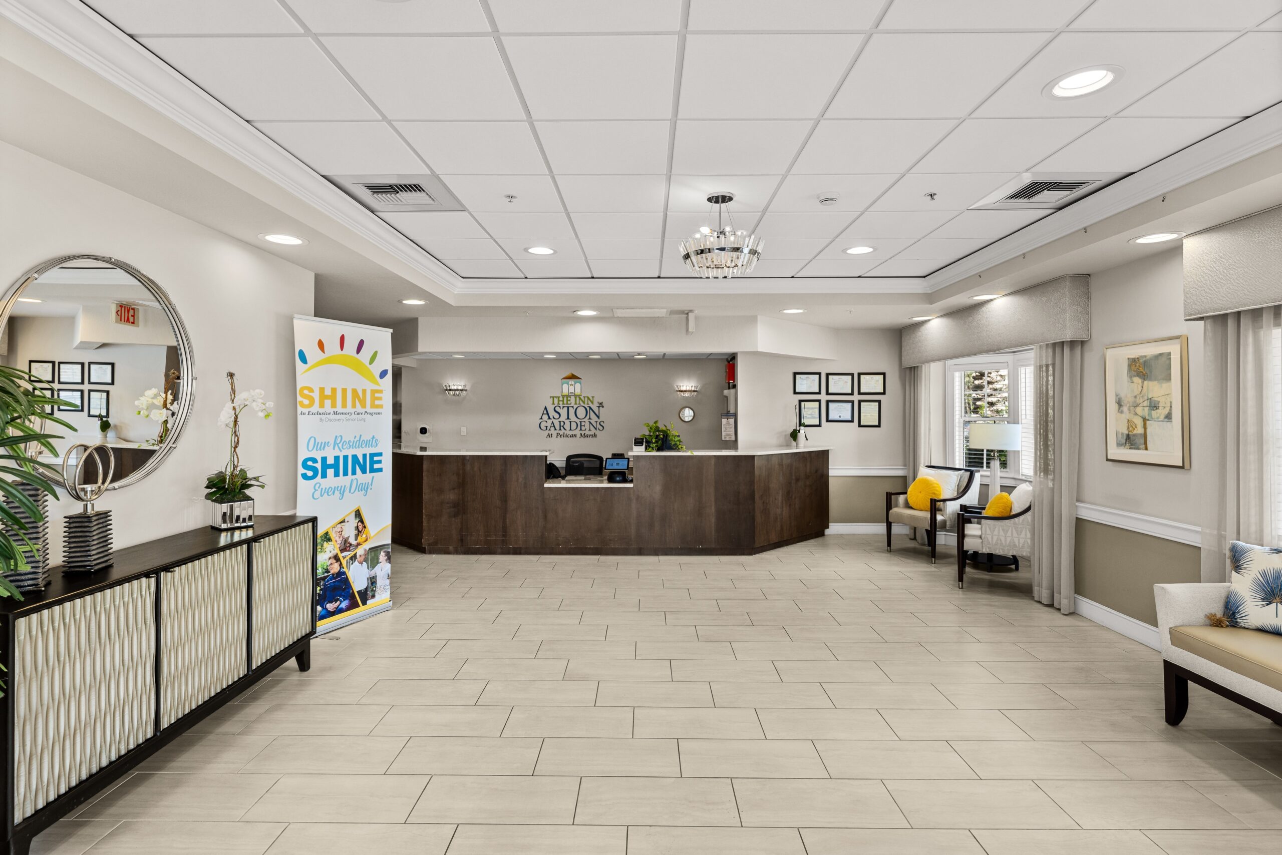 Lobby area of Aston Gardens with reception desk