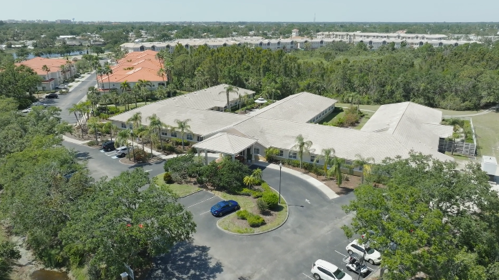Aerial view of Aston Gardens nursing home with surrounding greenery
