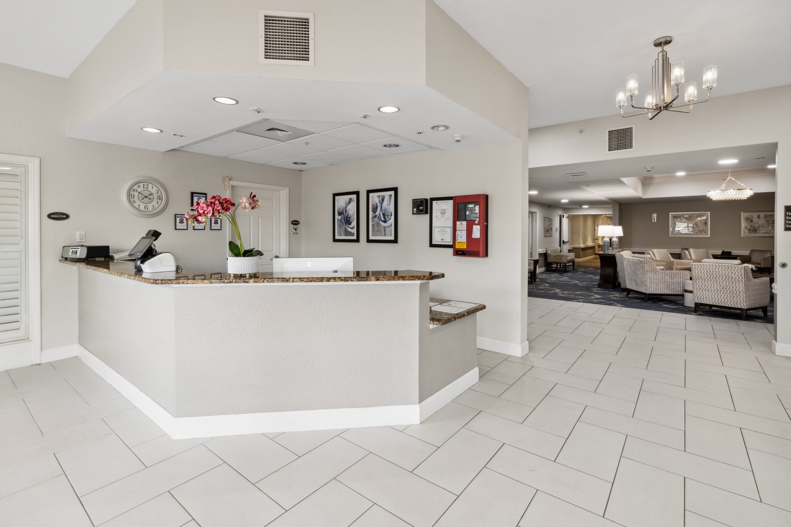 Lobby area with reception desk and seating