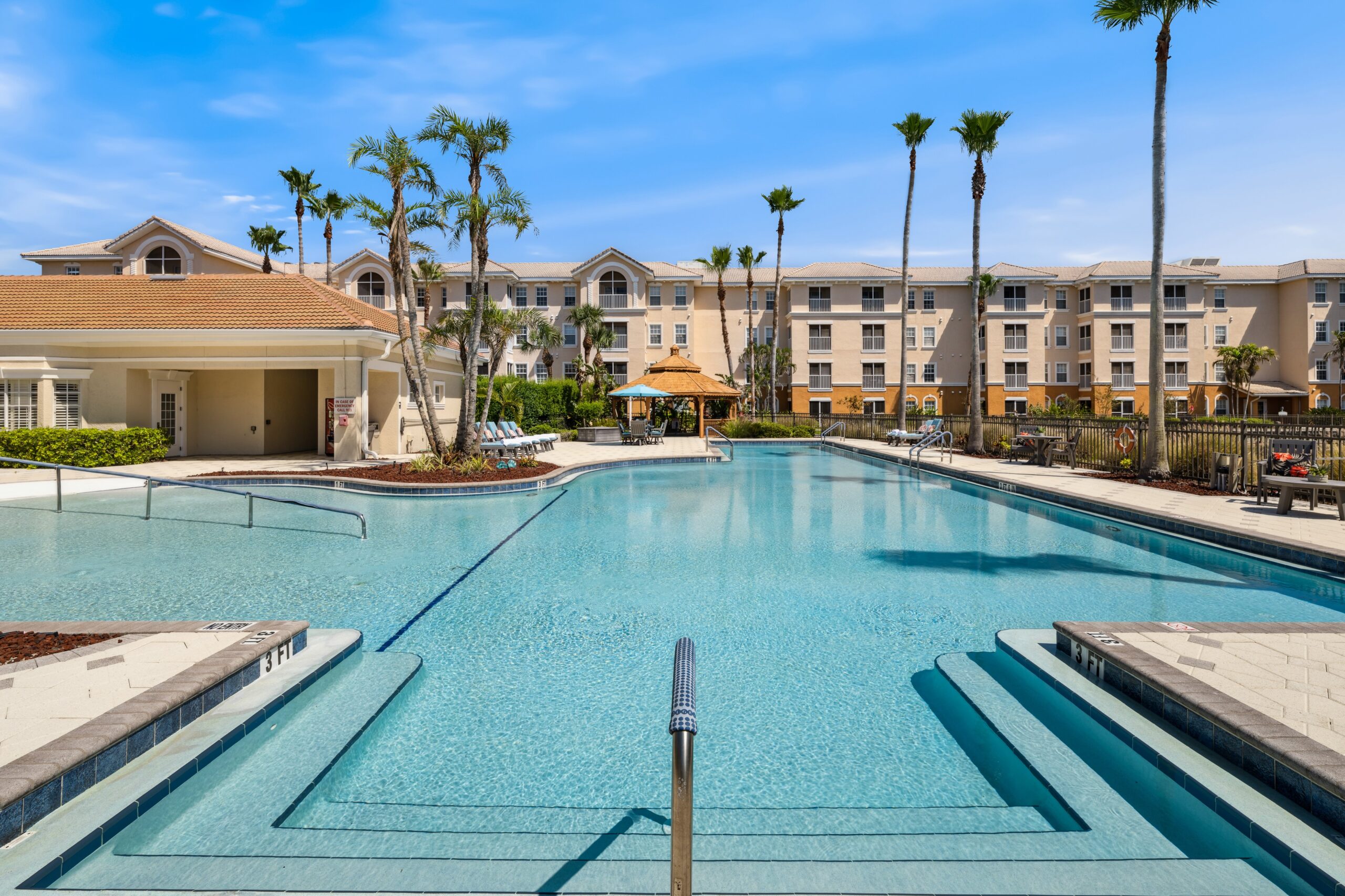 Beautiful pool area surrounded by palm trees