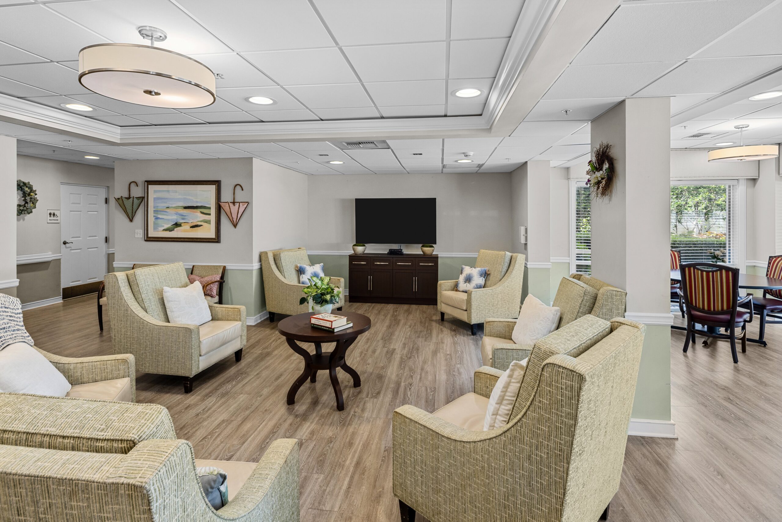 Bright and welcoming common area with seating