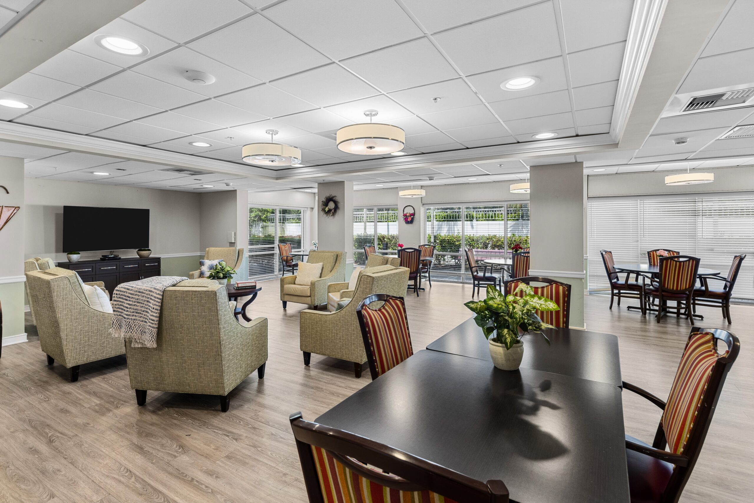 Interior of a common area with seating and tables
