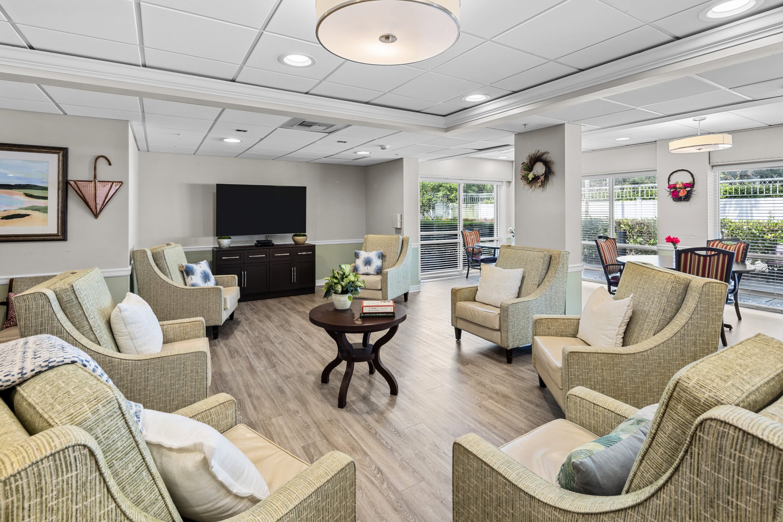 A cozy common area with seating and modern decor