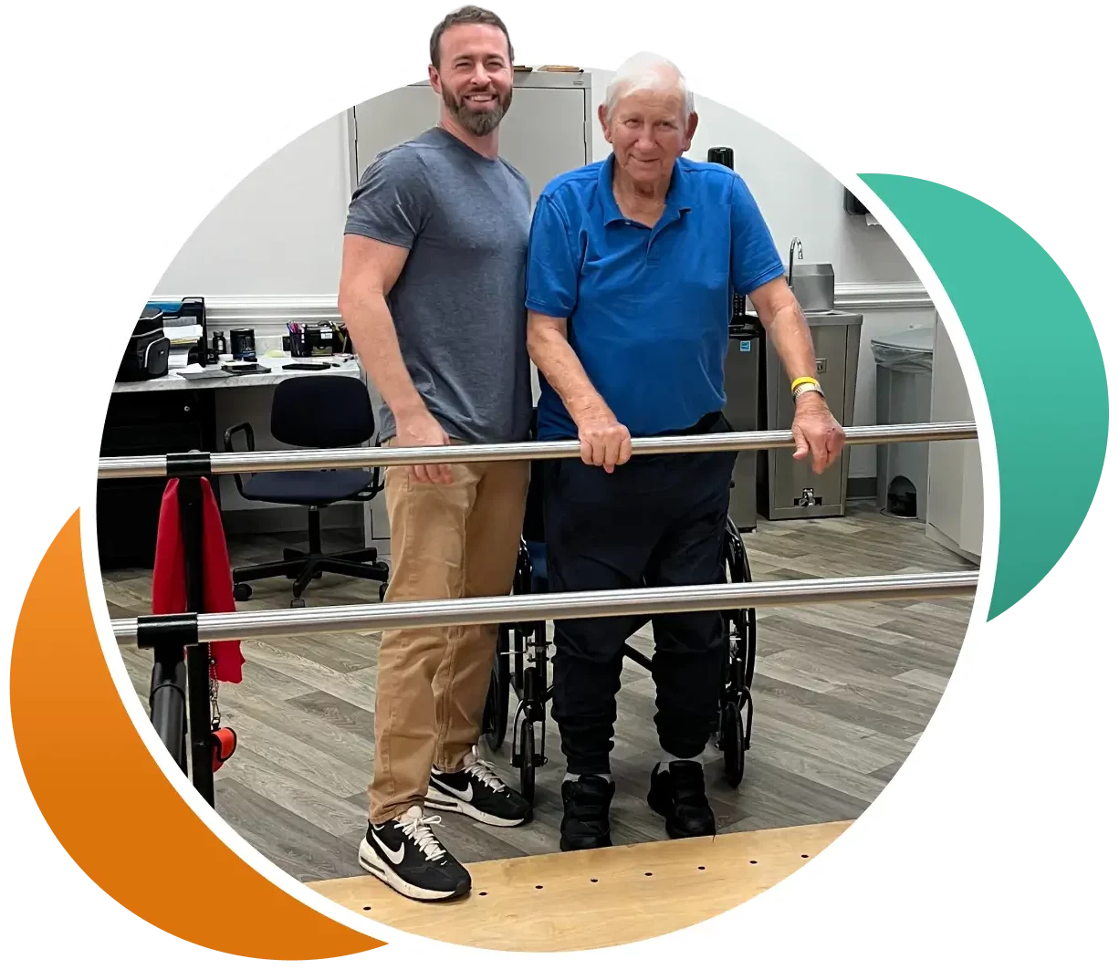 A resident engaged in physical therapy with a staff member