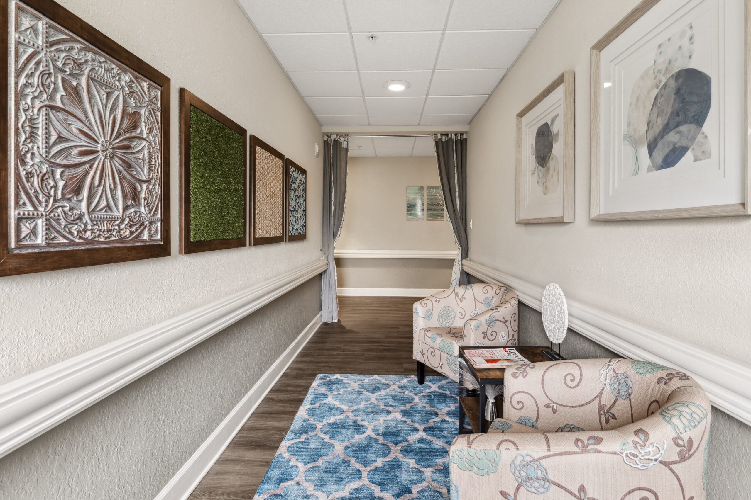 Bright hallway with comfortable seating and decor