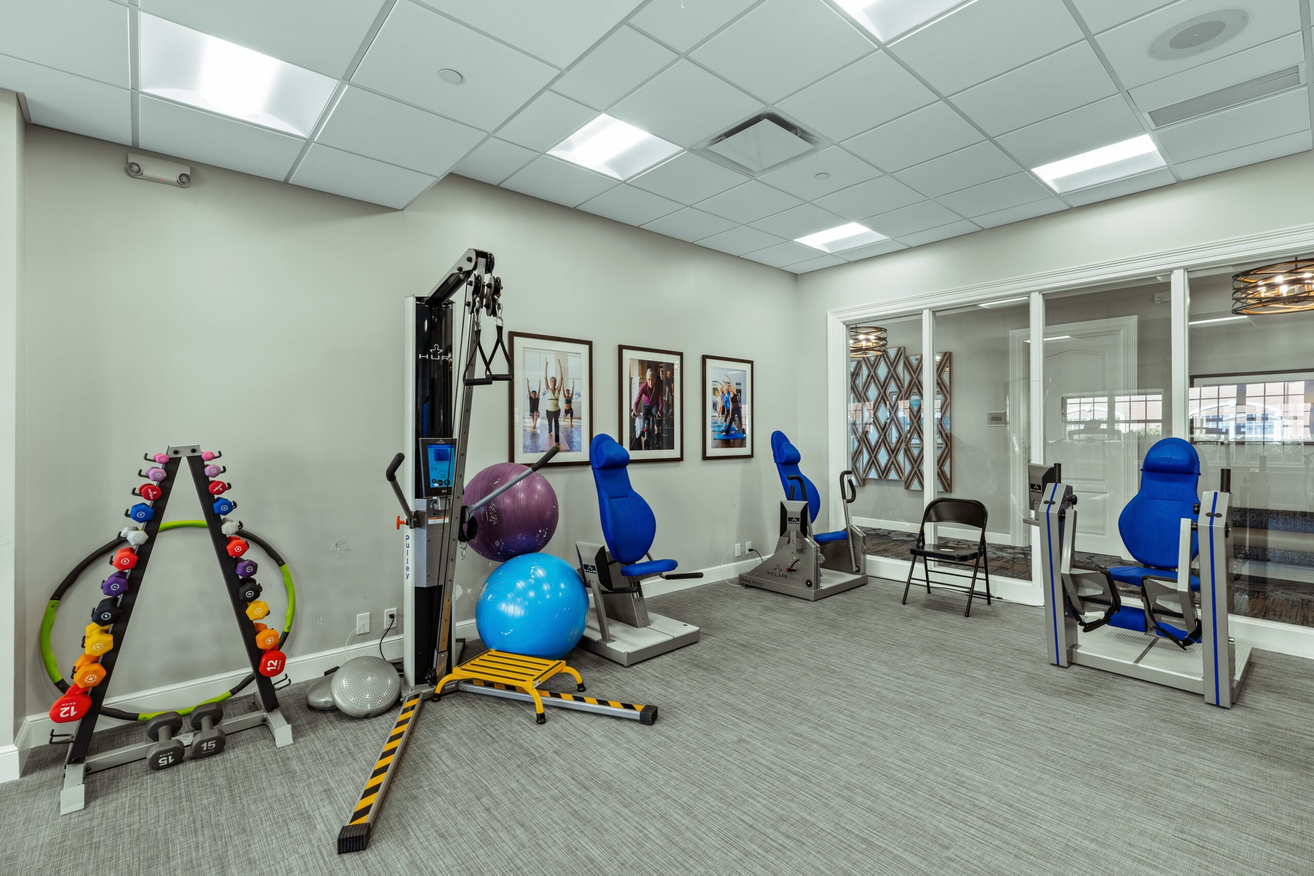 Indoor fitness area with exercise equipment
