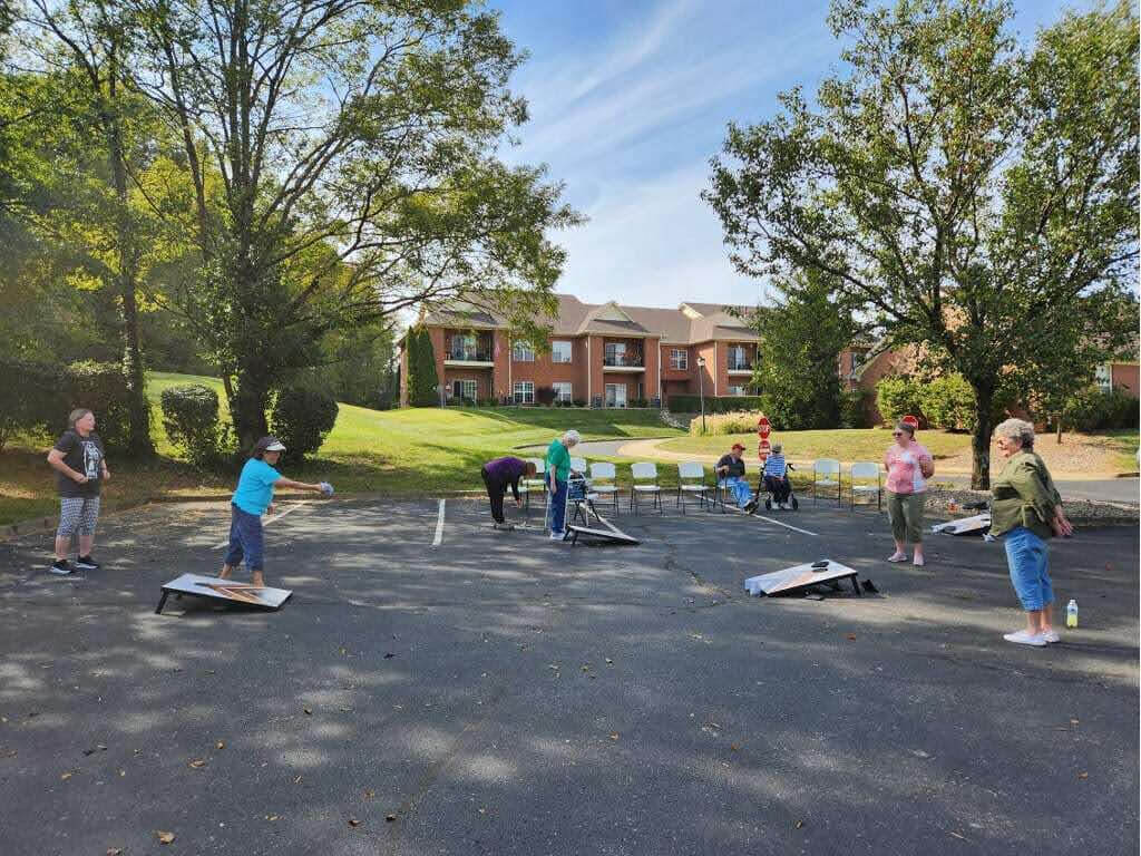 Residents participating in an outdoor activity game
