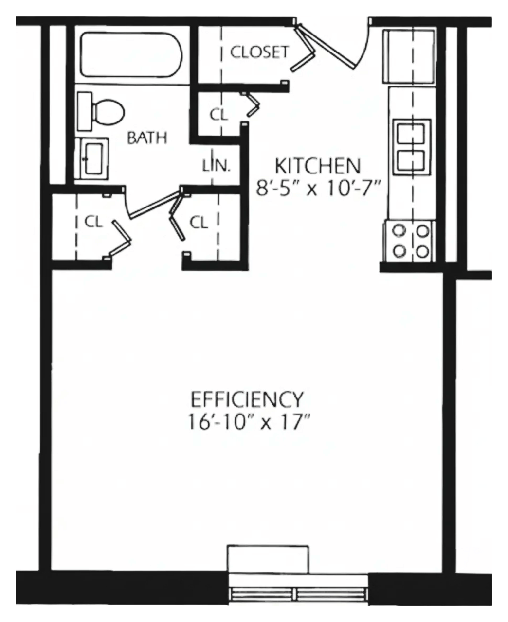 Architectural floor plan of an efficiency unit