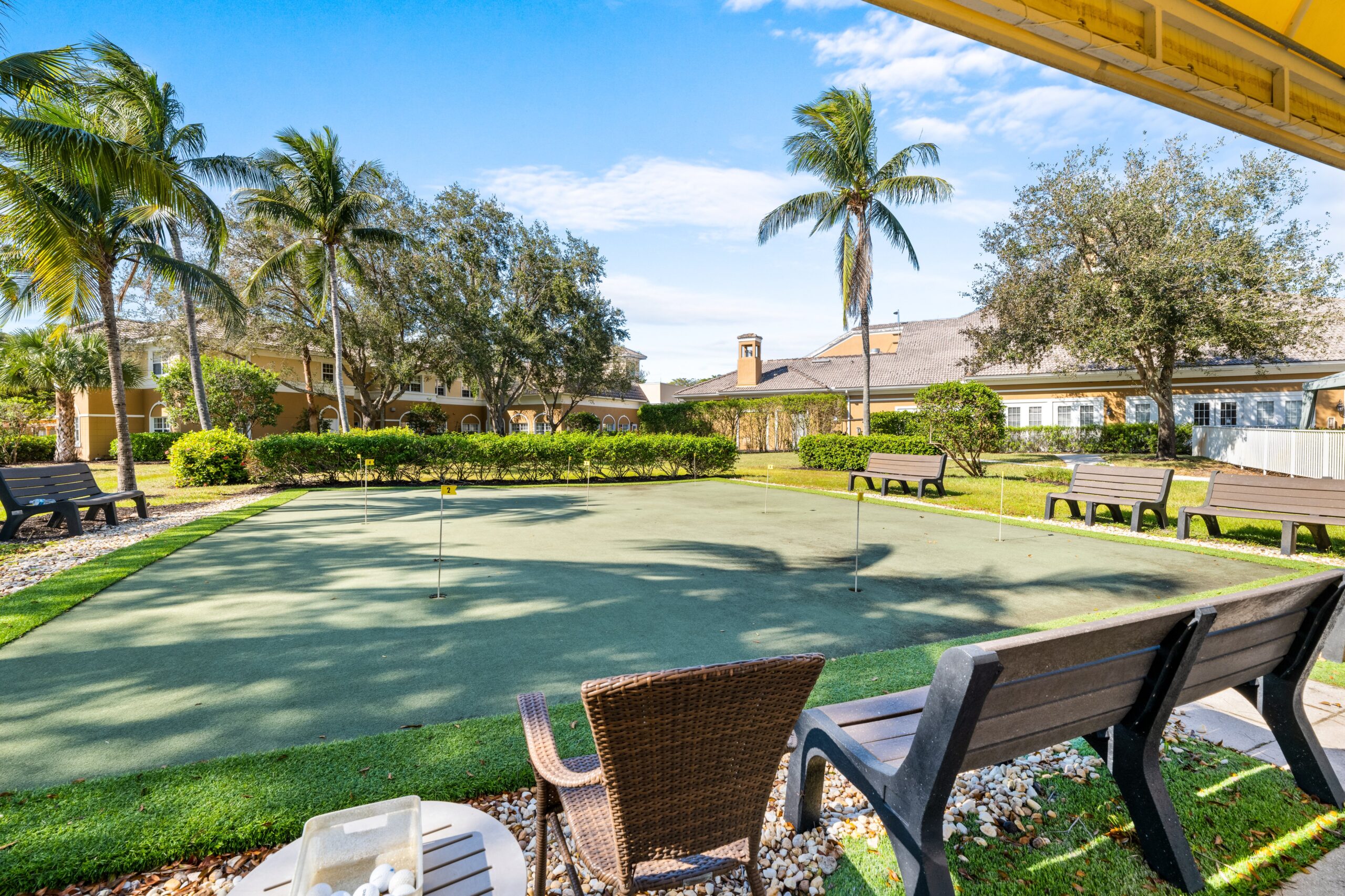 Lush outdoor space with seating and palm trees