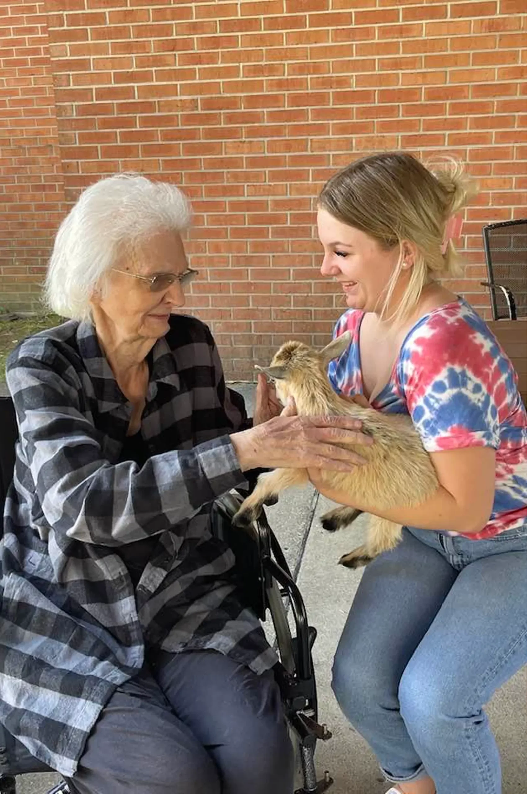 Resident interacting with staff and a small animal