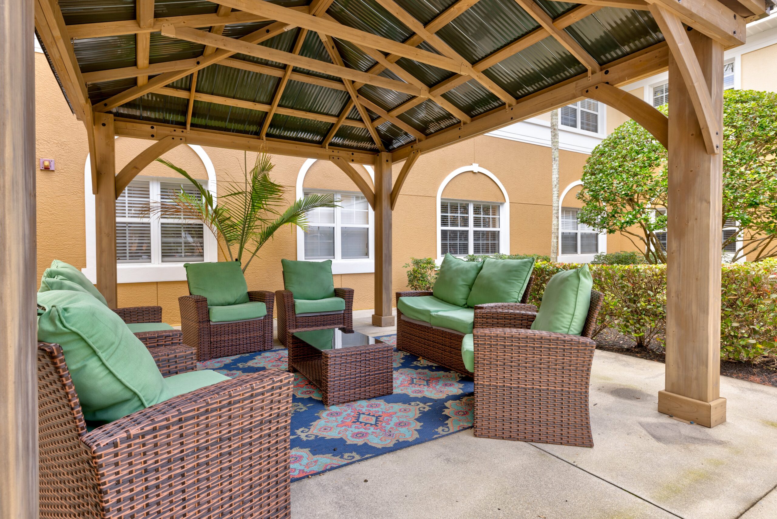 Cozy outdoor seating area under a gazebo