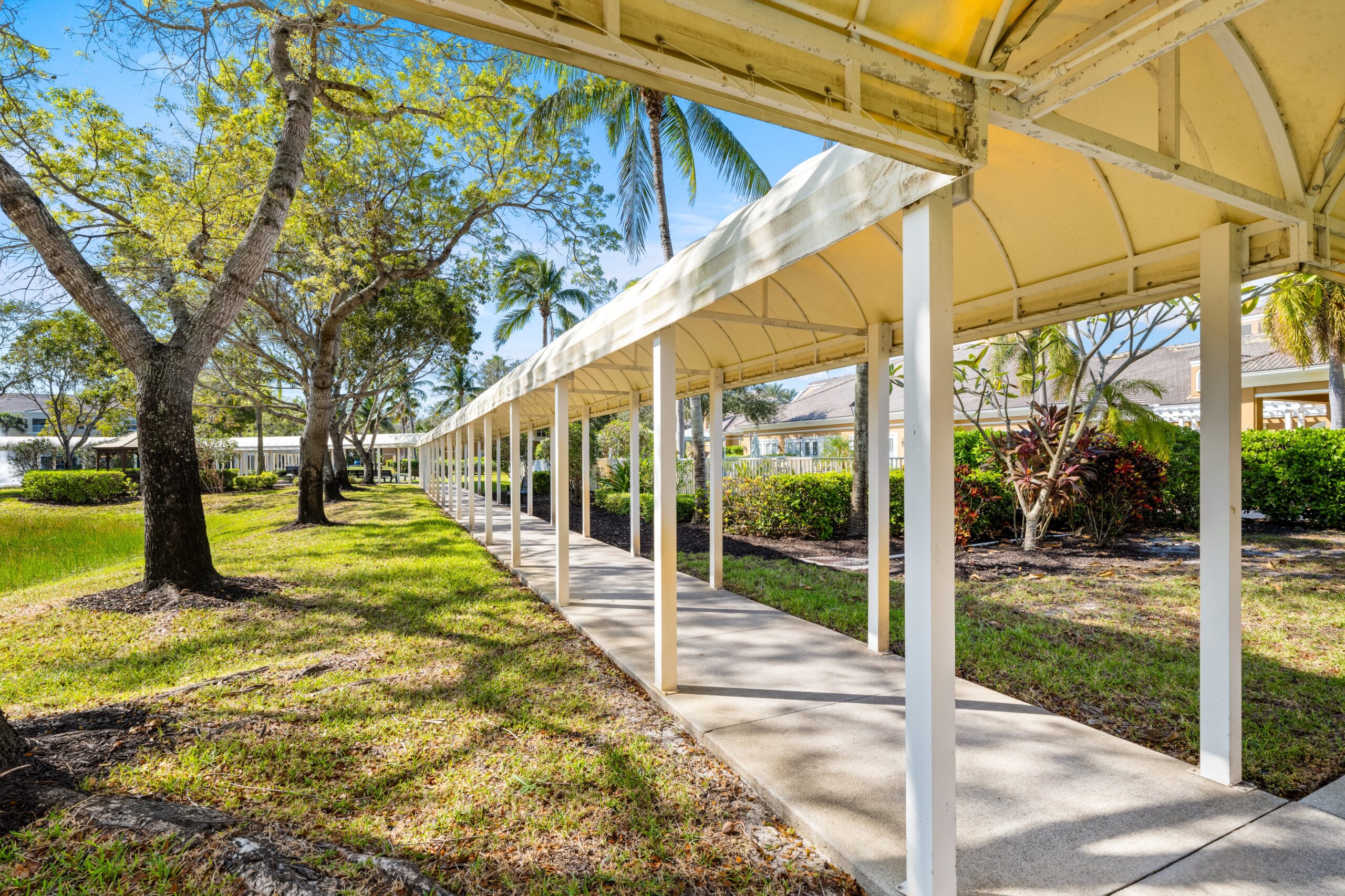 Covered walkway leading through a garden area