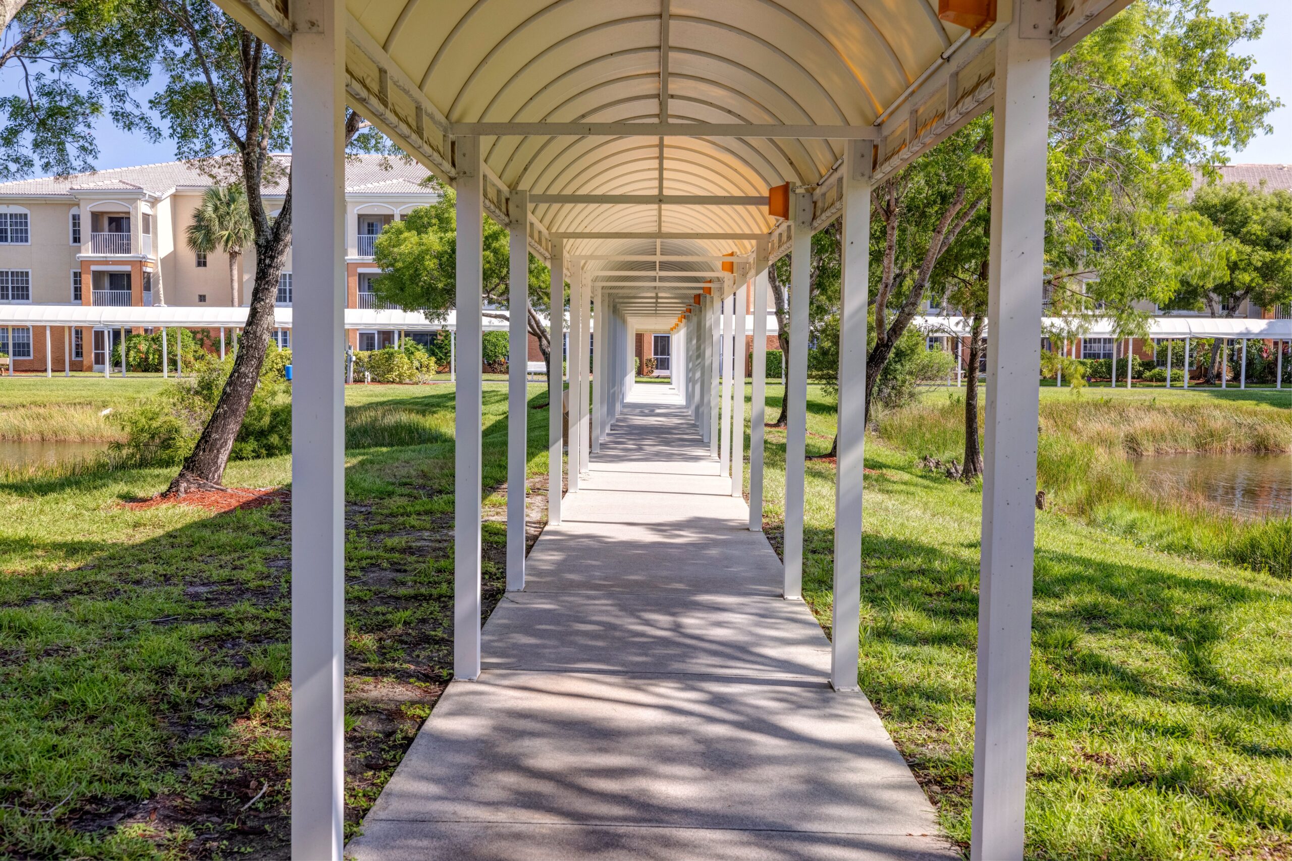 Covered walkway through landscaped area