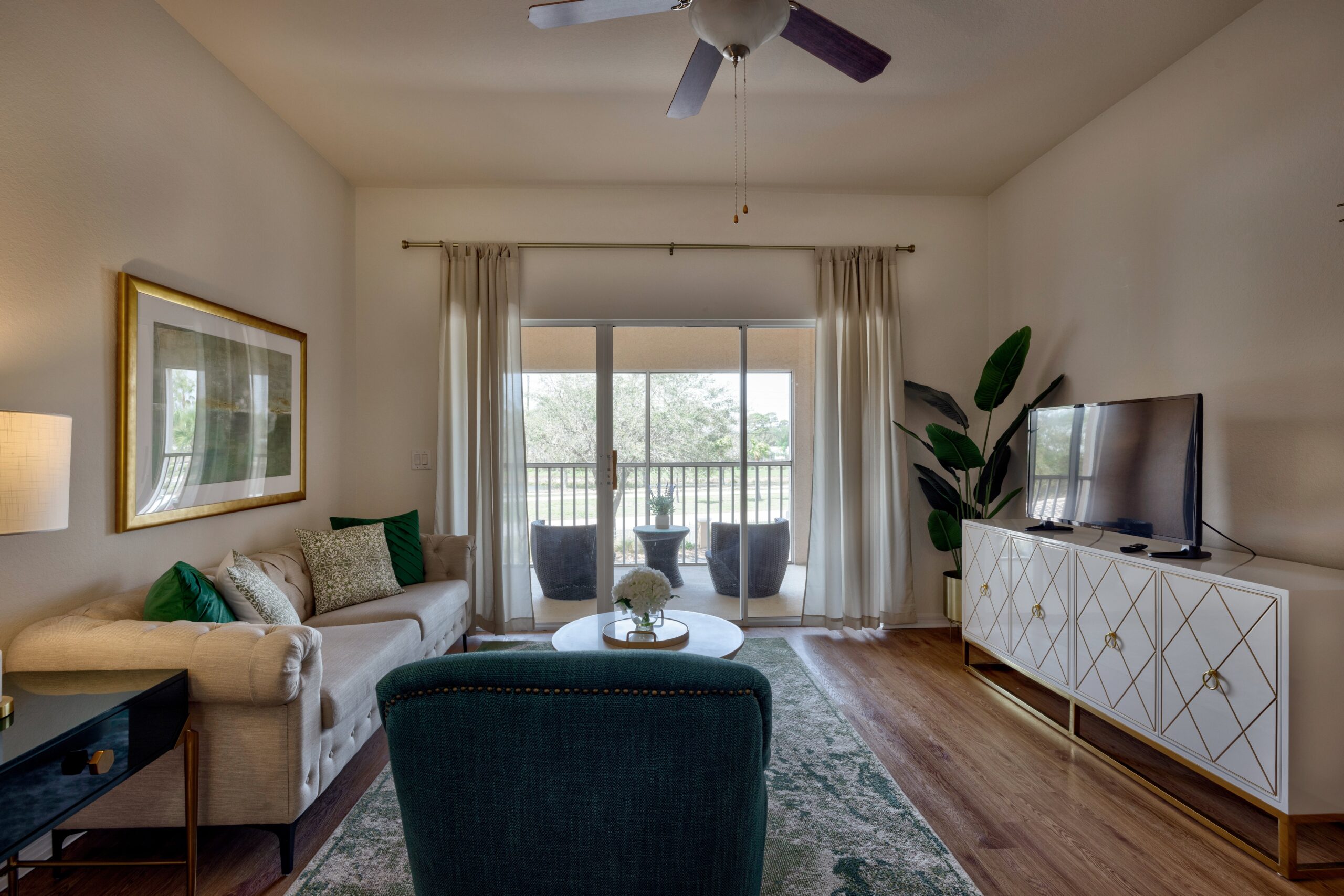 Bright interior living space with furniture and large windows