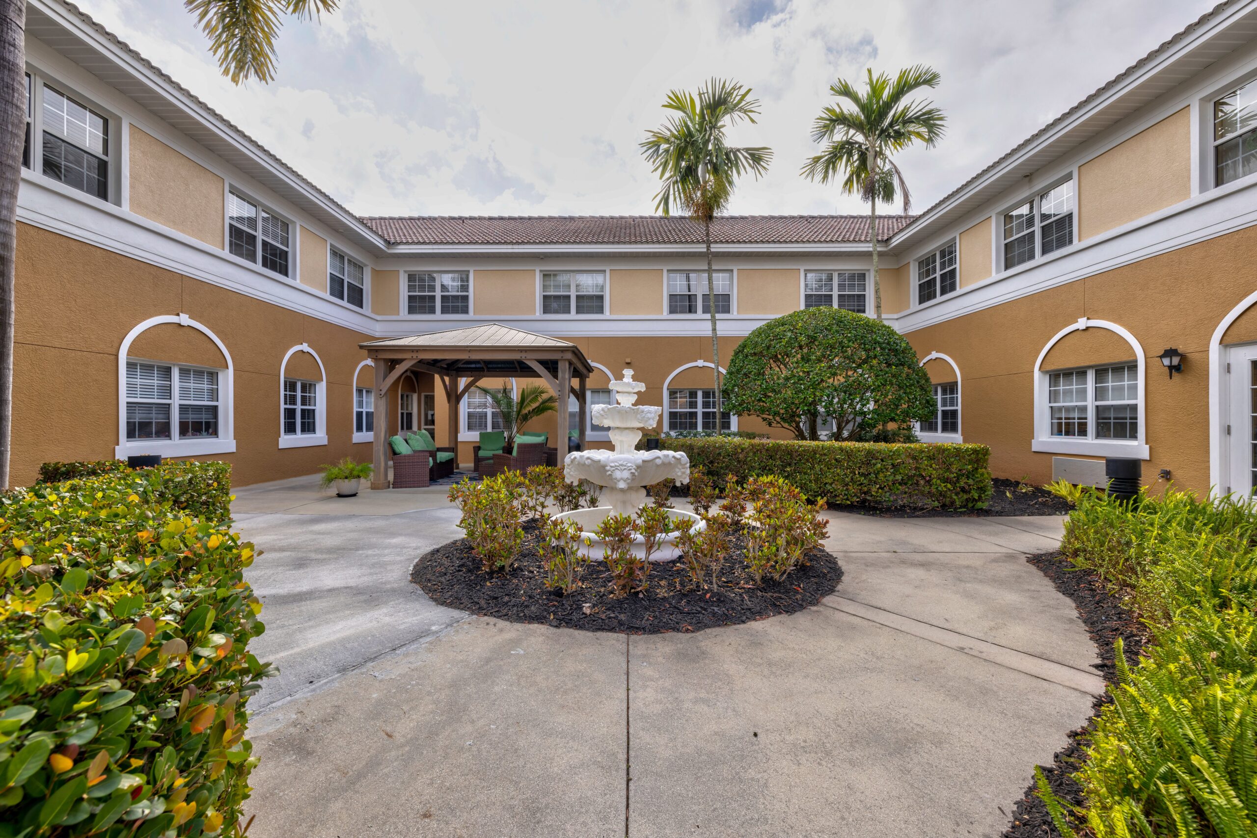 Courtyard with fountain and seating area