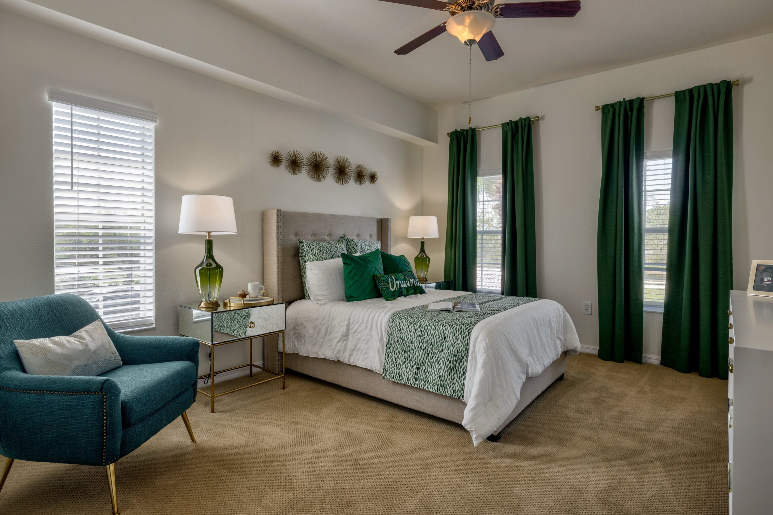 Cozy bedroom interior with green accents