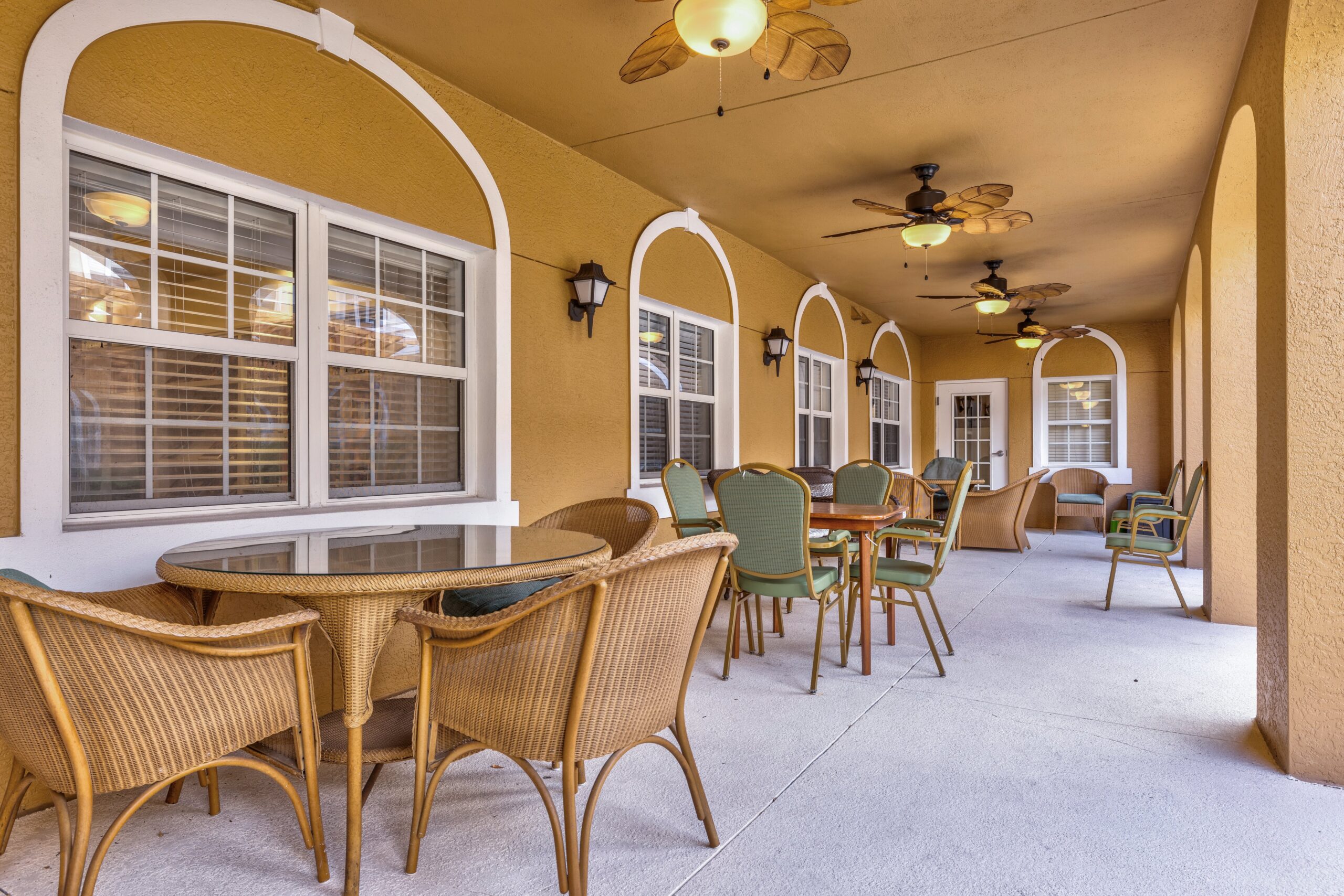 Outdoor patio area with dining furniture