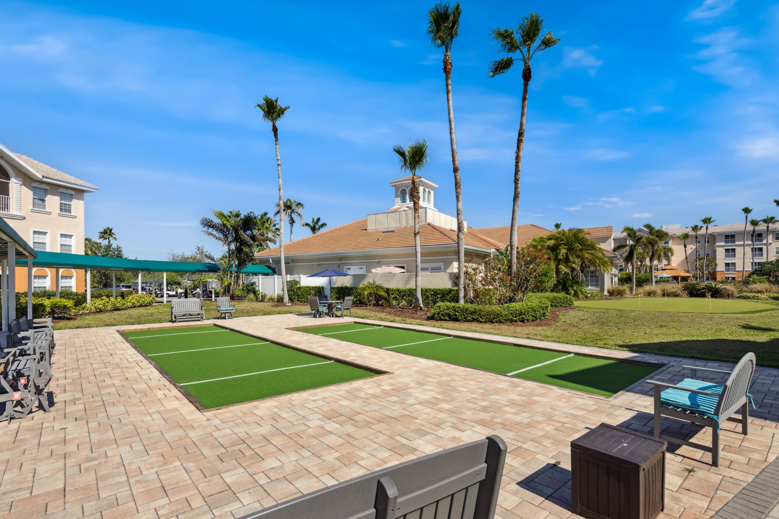 Outdoor recreational area with bocce ball courts