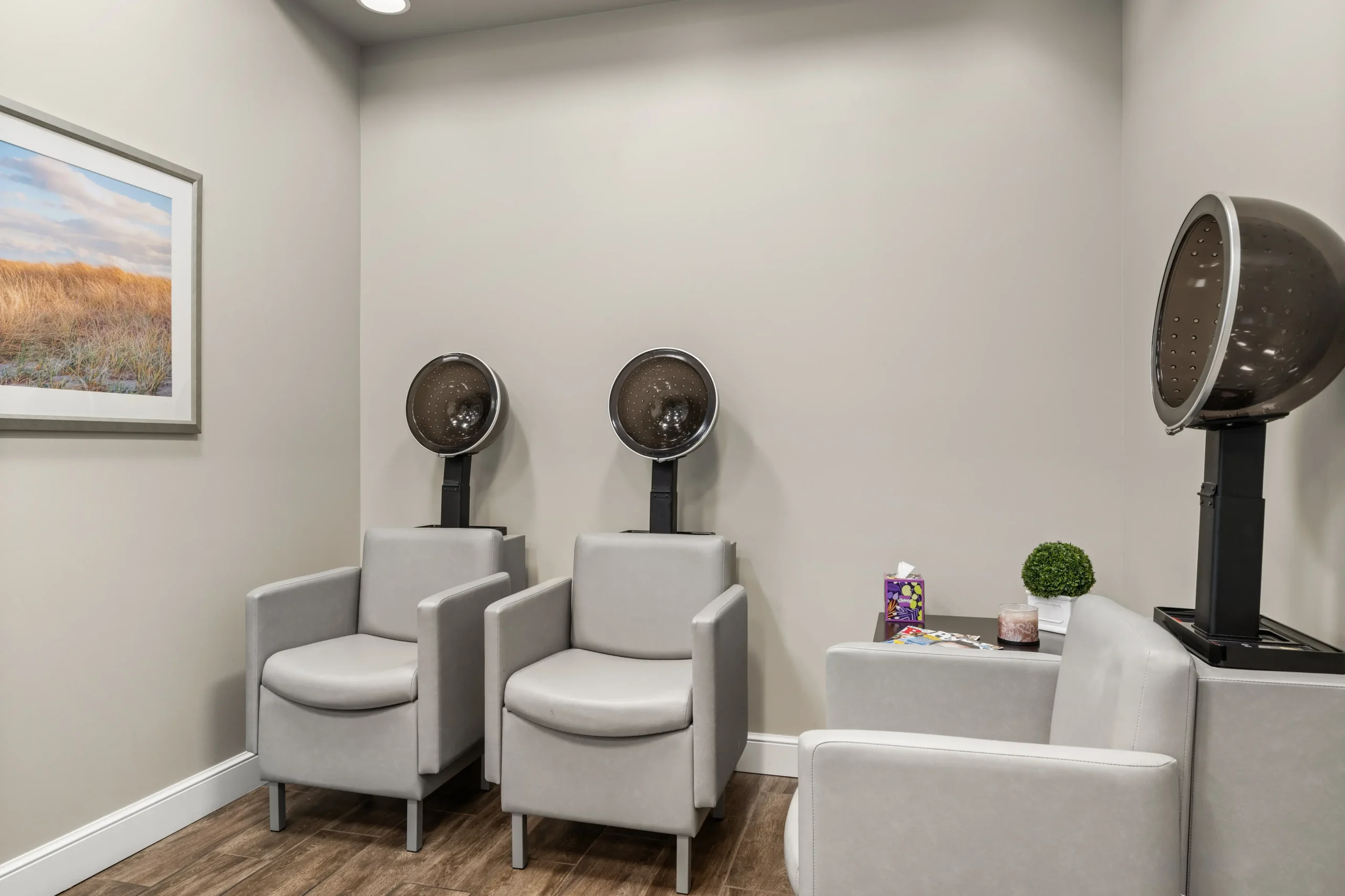 Salon area with styling chairs and dryers