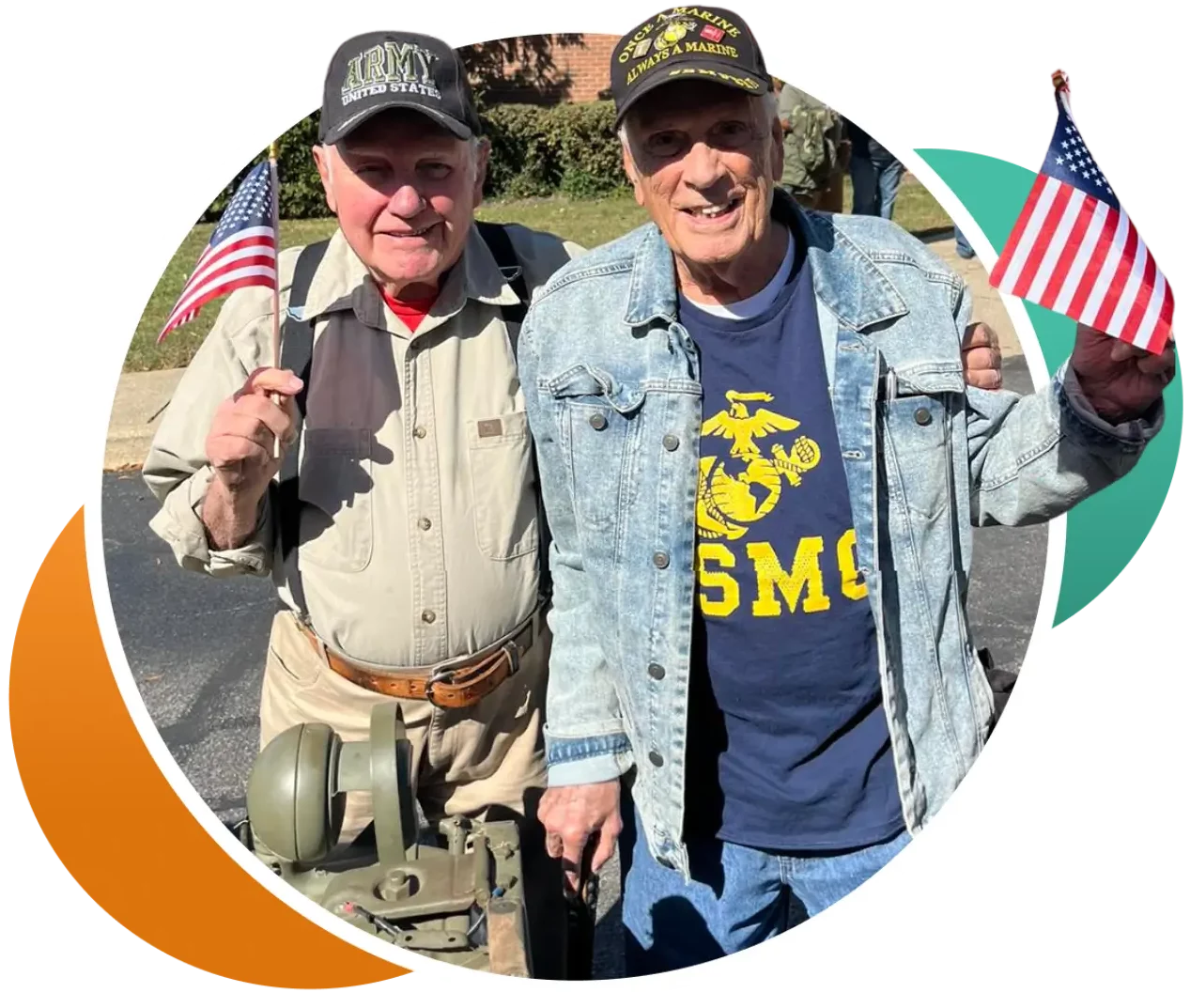 Two smiling veterans holding American flags