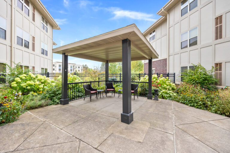 Outdoor seating area with a shaded pavilion