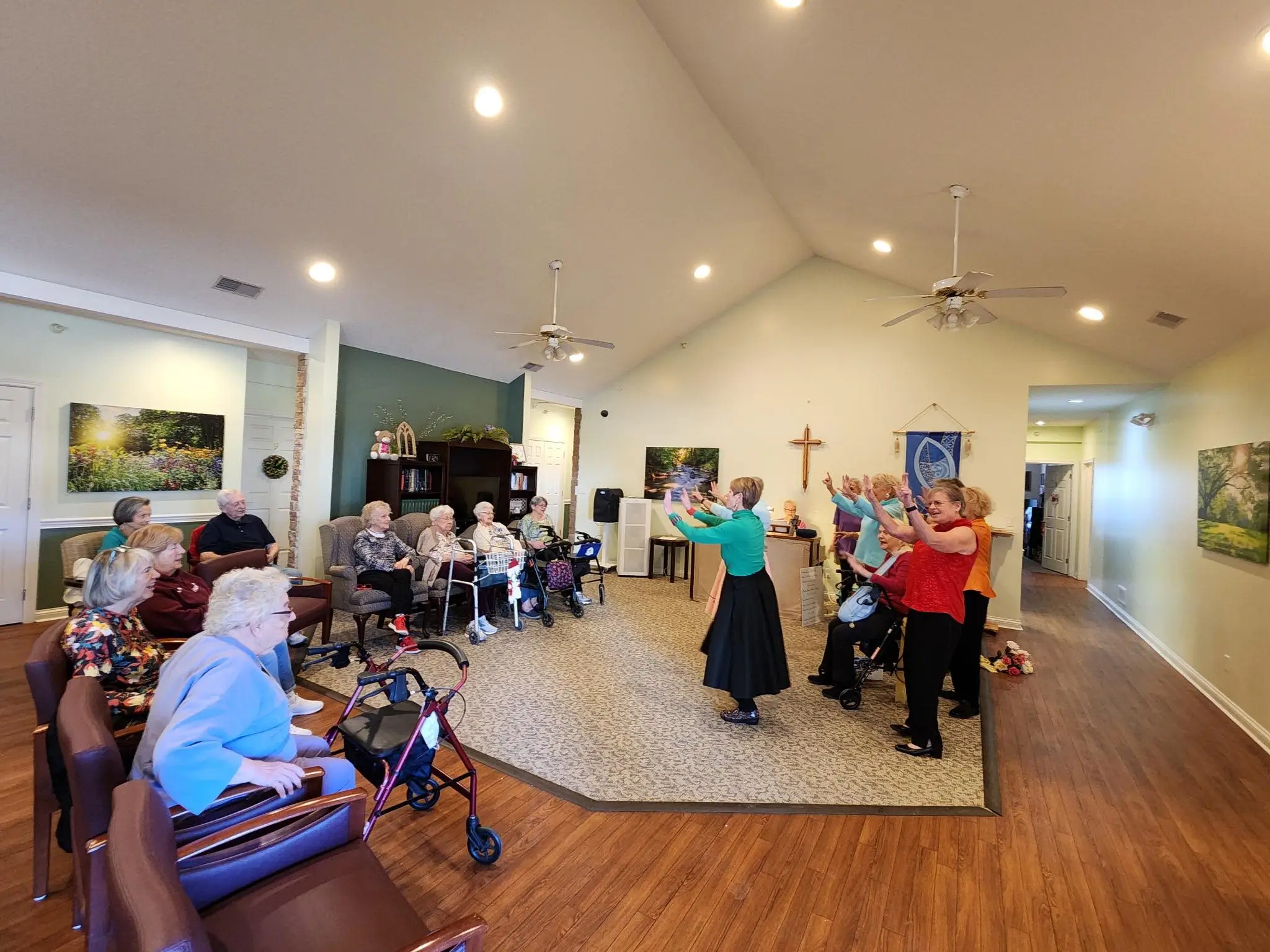 Residents participating in a group activity in a common area