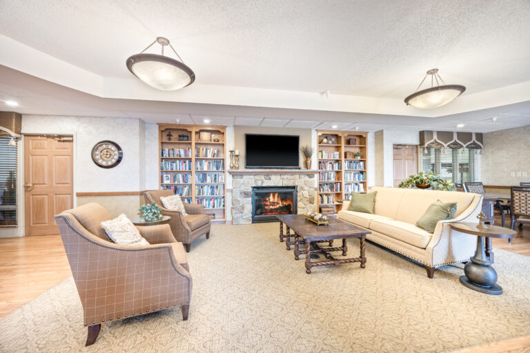 Interior view of a cozy common area with seating