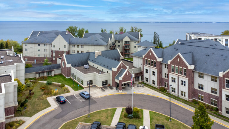 Aerial view of Lakeshore The Fountains residential buildings near the lake