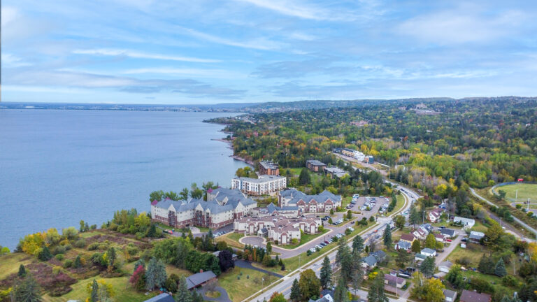 Aerial view of Lakeshore nursing facility by the water