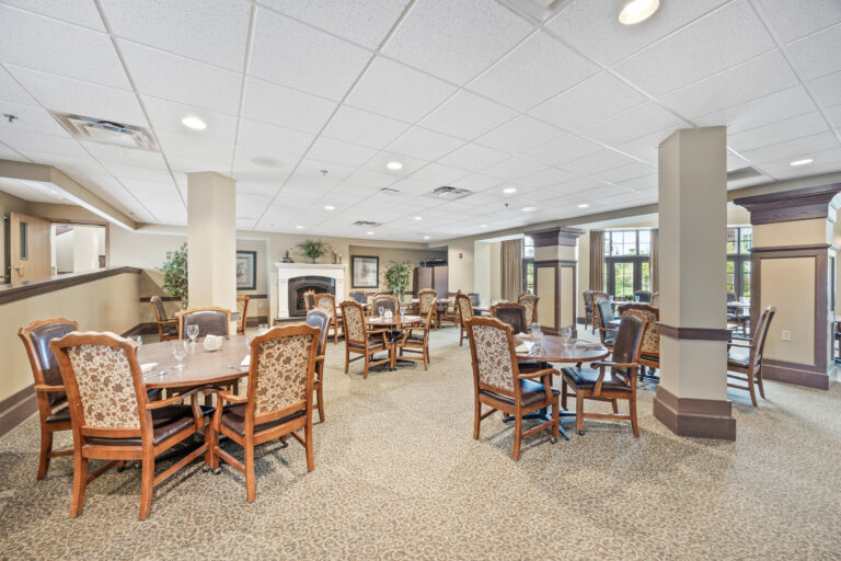 Bright dining room with wooden tables and chairs